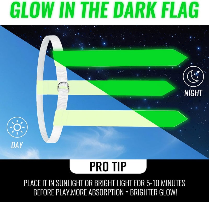 CIYOJA Glow in the Dark Flag Football Belts Set: 4 Adjustable Belts 12 Football Flags, Easy Tear-Away Design, Football Gear for Kid Youth Adult, Perfect for Camping Yard Beach Games, Glow Party Accessories - Image 2